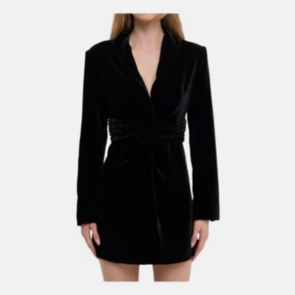 Endless Rose Black Velvet Shirring Detail Dress - M